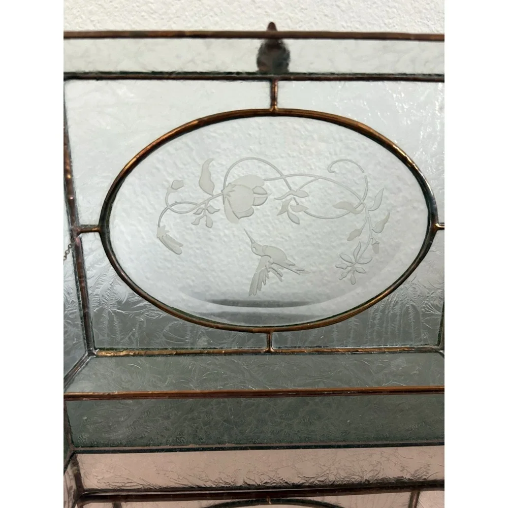 Vtg Etched Glass, Brass, Mirror Jewelry Box Footed w Flowers & Hummingbirds